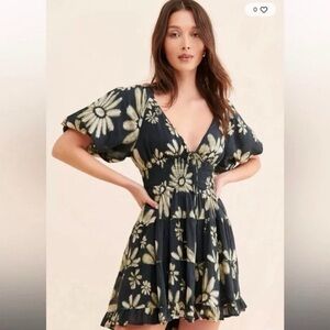 Free People Black and Cream Floral Mini Dress
